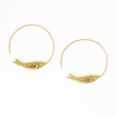 Wren Fish Hoop Earrings Brass
