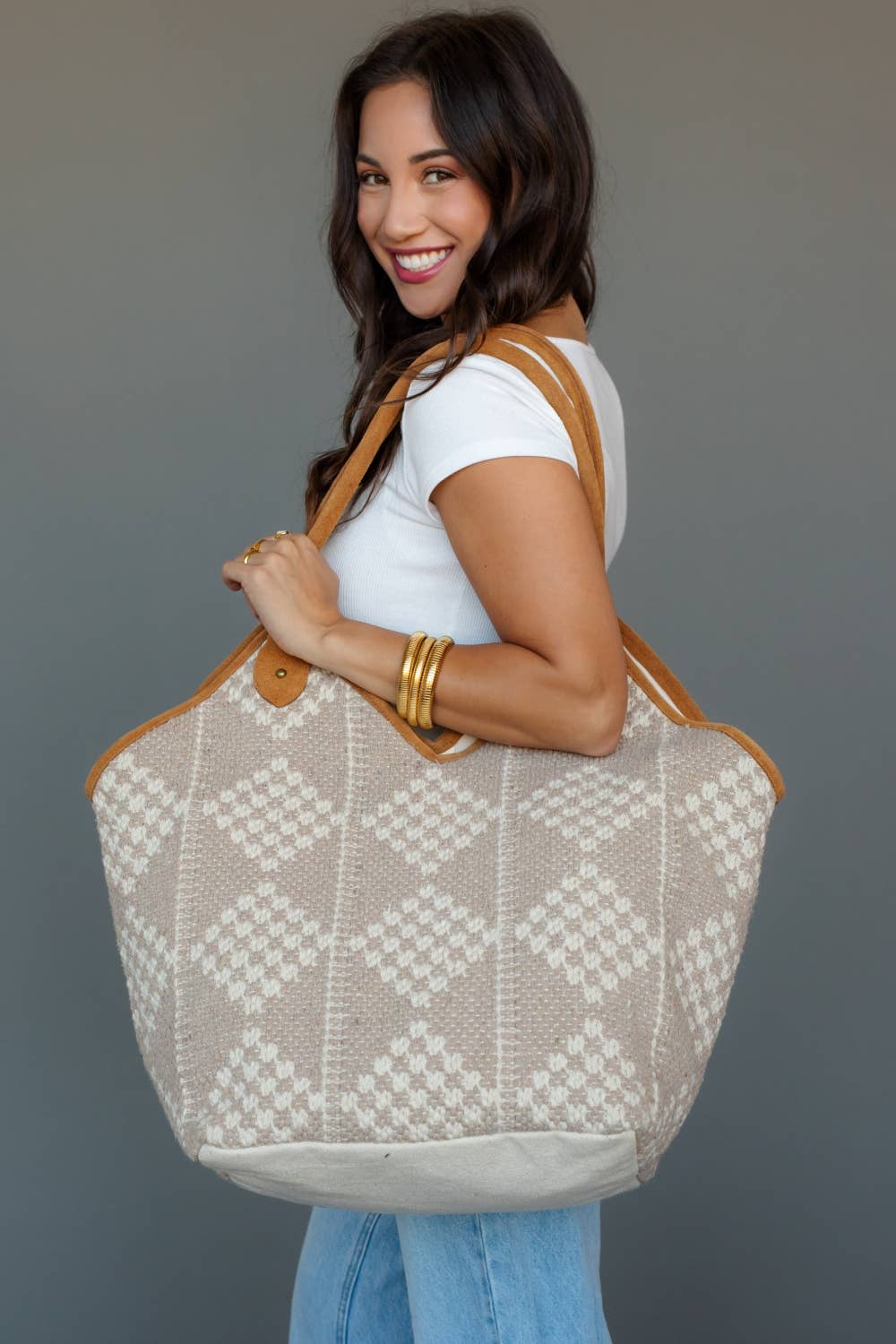 Panache - Beige & Cream Diamond Pattern Tote