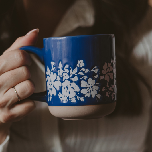 Sweet Water Decor - Blue Floral Stoneware Coffee Mug - Summer Home Decor